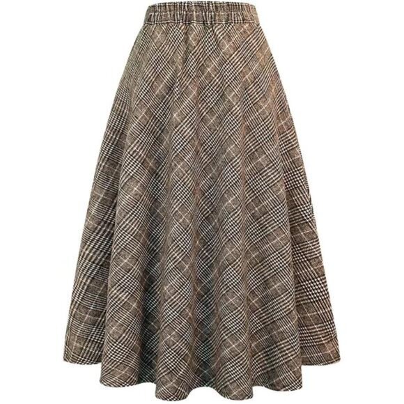 Womens Wool Skirts Elastic Waist A-Line, Long Skirts Brown - Picture 2 of 6